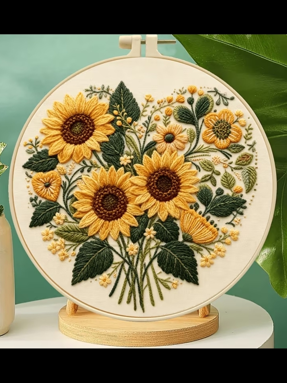 Hand-Embroidered Sunflower Hoop Art - Yellow & Green